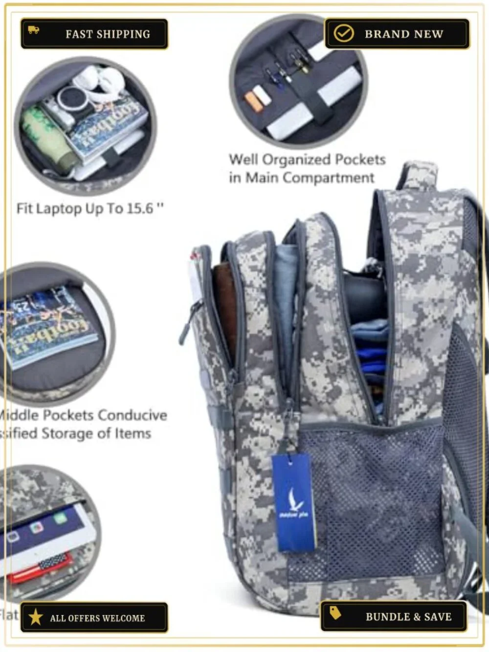 Tactical Camo Boys Backpack for School 40L, USB Port, Waterproof 900D Oxford,